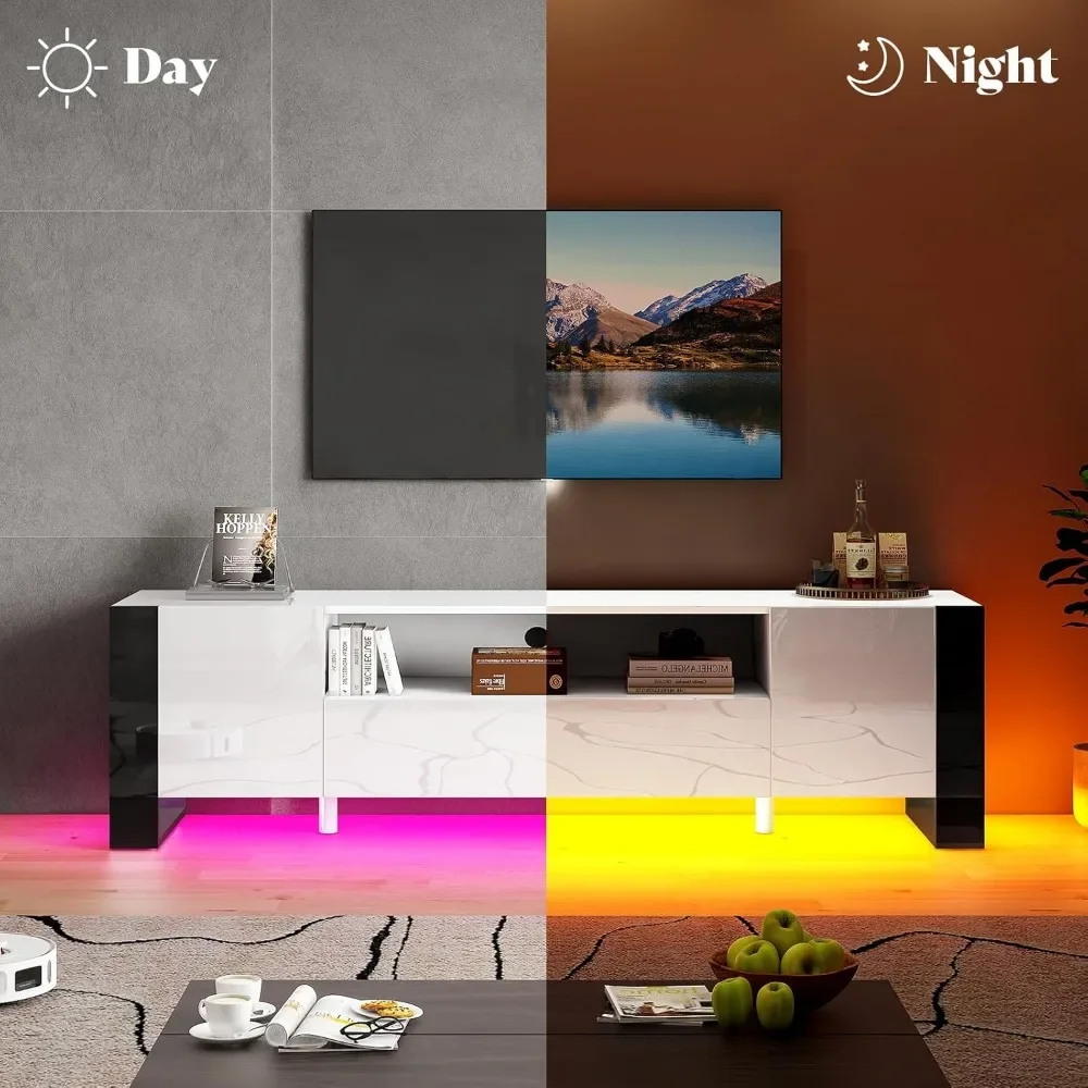 70 inch TV Stands with LED Lights, Modern TV Console High Gloss Entertainment Center with 2 Cabinet Storage Drawer 5
