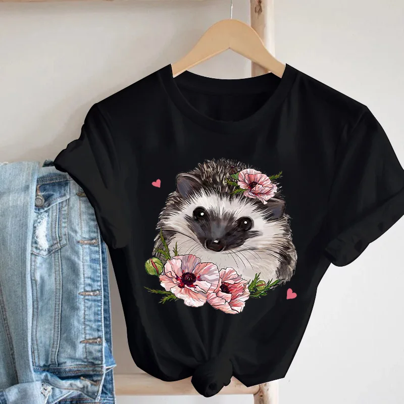2022 Cartoon Hedgehog Flower T Shirt Stampata Lady O-Collo Manica Corta Tshirt Top Femminili Harajuku Black Casual Women Tee Shirt