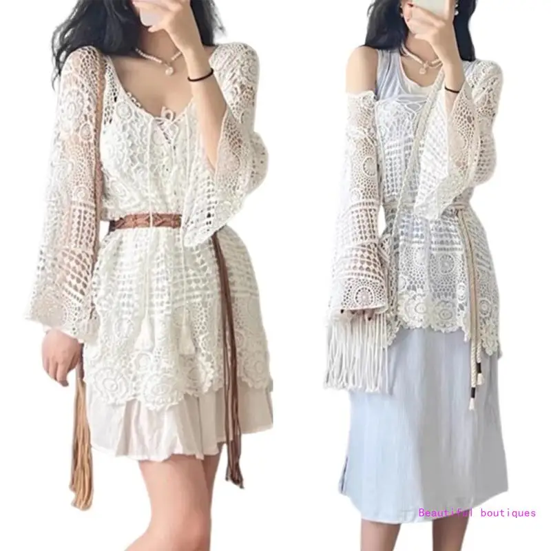 

Women Bohemian Crochet Flared Long Sleeve V Neck Swimsuit Cover Up Hollowed Out Knitted Solid Loose Beach Short Dress DropShip