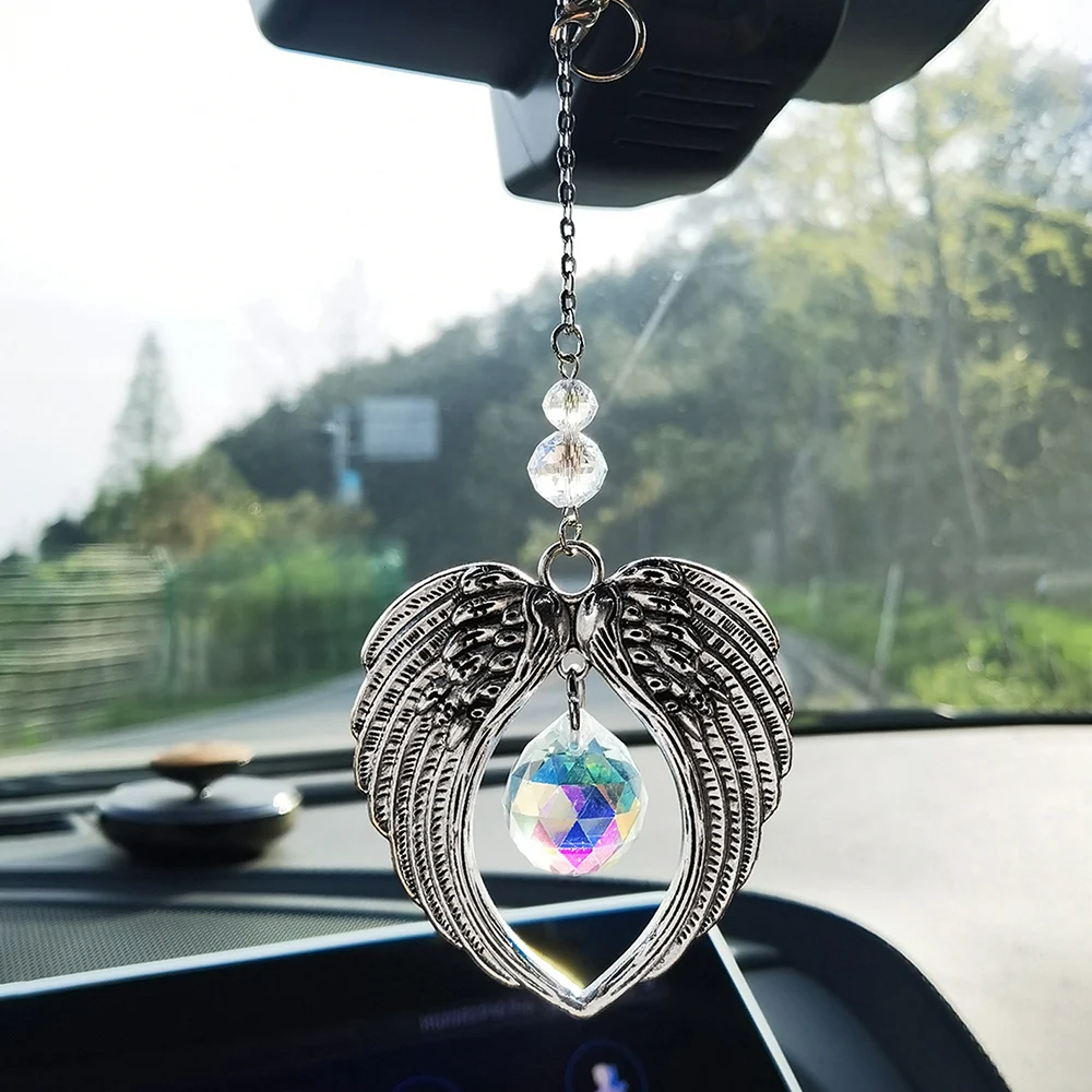 Attrape-soleil en forme d'aile d'ange, pendentif en métal avec boule de  cristal, prisme suspendu pour voiture, attrape-soleil arc-en-ciel, pour