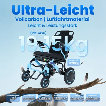 Sedia a rotelle elettrica pieghevole ultraleggera Wisging, costruzione in fibra di carbonio, autonomia 48 km, 2 batterie al litio da 12AH.