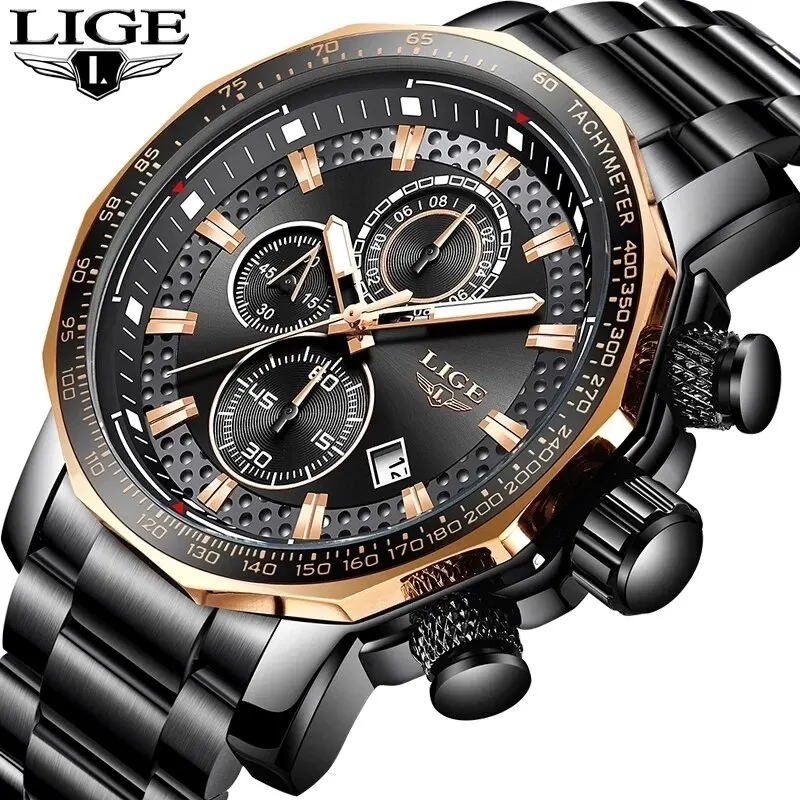 New Sport Chronograph Mens Watches Top Brand Luxury Full Steel Quartz Clock Waterproof Big Dial Watch Men Montre Homme