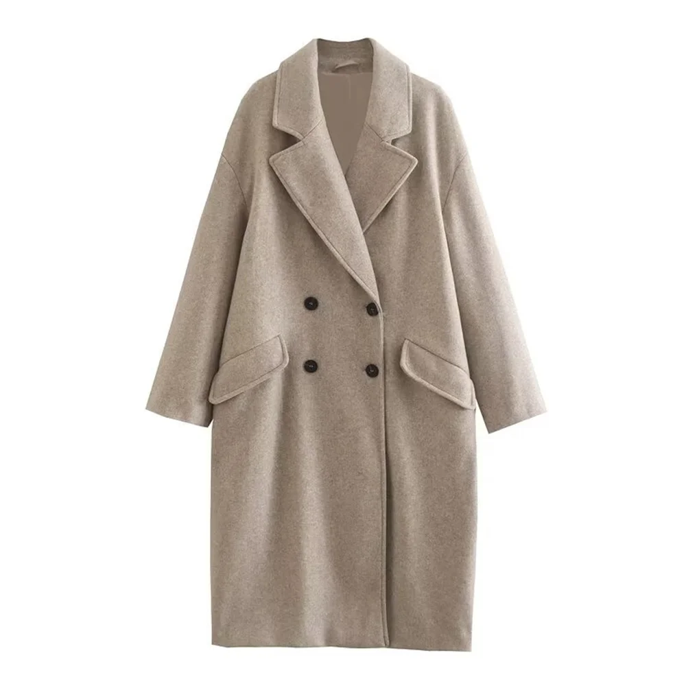 UNIZERA 2023 Winter New Product Women's Fashion and Casual Versatile Flip Collar Double breasted Button Long Woolen Coat Coat Co 2