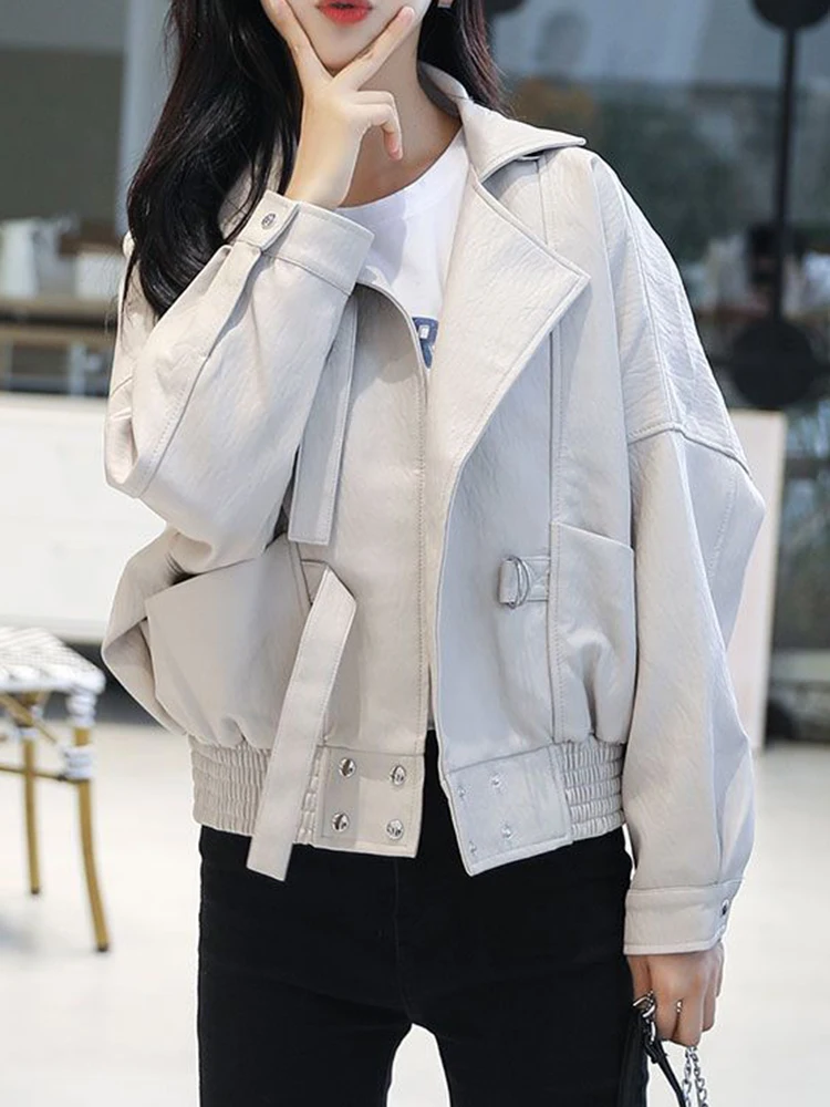 

Autumn Winter Streetwear Motorcycle Jackets Female Korean Loose Women's Bomber Jacket Solid Color Casual Basic Coat For Women