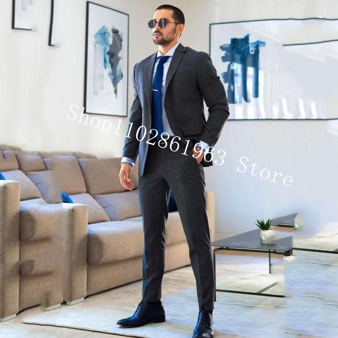 Blue Formal Wedding Suits For Men 2 Pieces Slim Fit Suits Blazer Pants Male Suits Groom Wear Tuxedos Costume Homme Mariage