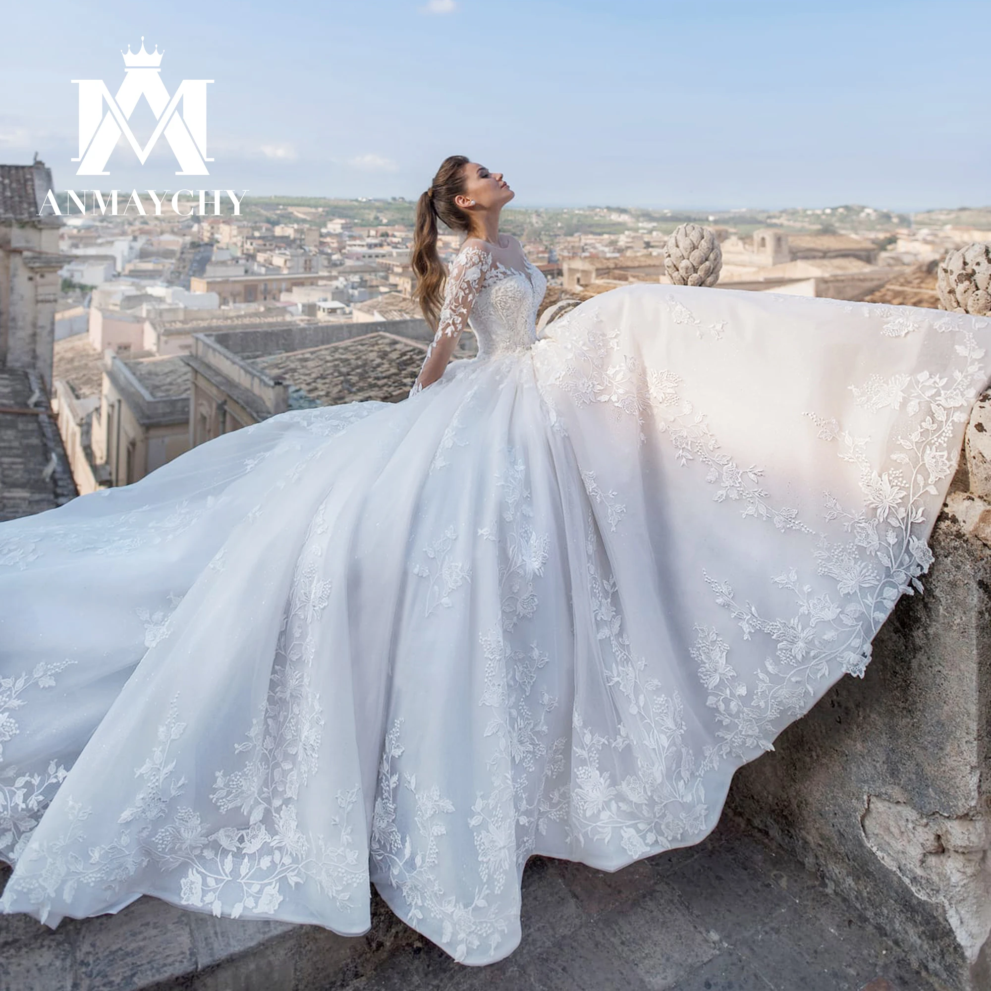 

ANMAYCHY Ball Gown Long Sleeve Wedding Dresses For Women 2023Modern Sweetheart Appliques Backless Wedding Gown Vestidos De Novia