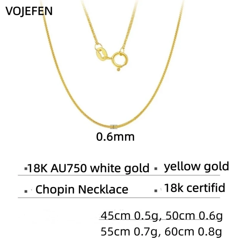 VOJEFEN 18K 골드 쇼팽 목걸이 AU750 옐로우/화이트 리얼 골드 18-24인치 체인 초커 고급 주얼리 럭셔리 기프트 쿠폰