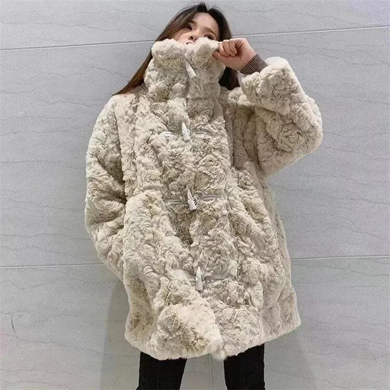 2023 New Fashion Simple Warm Commuting Lamb Fleece Thickened Fur Coat Imitation Mink Rabbit Hair Lazy Wind Horn Button Fur Coat