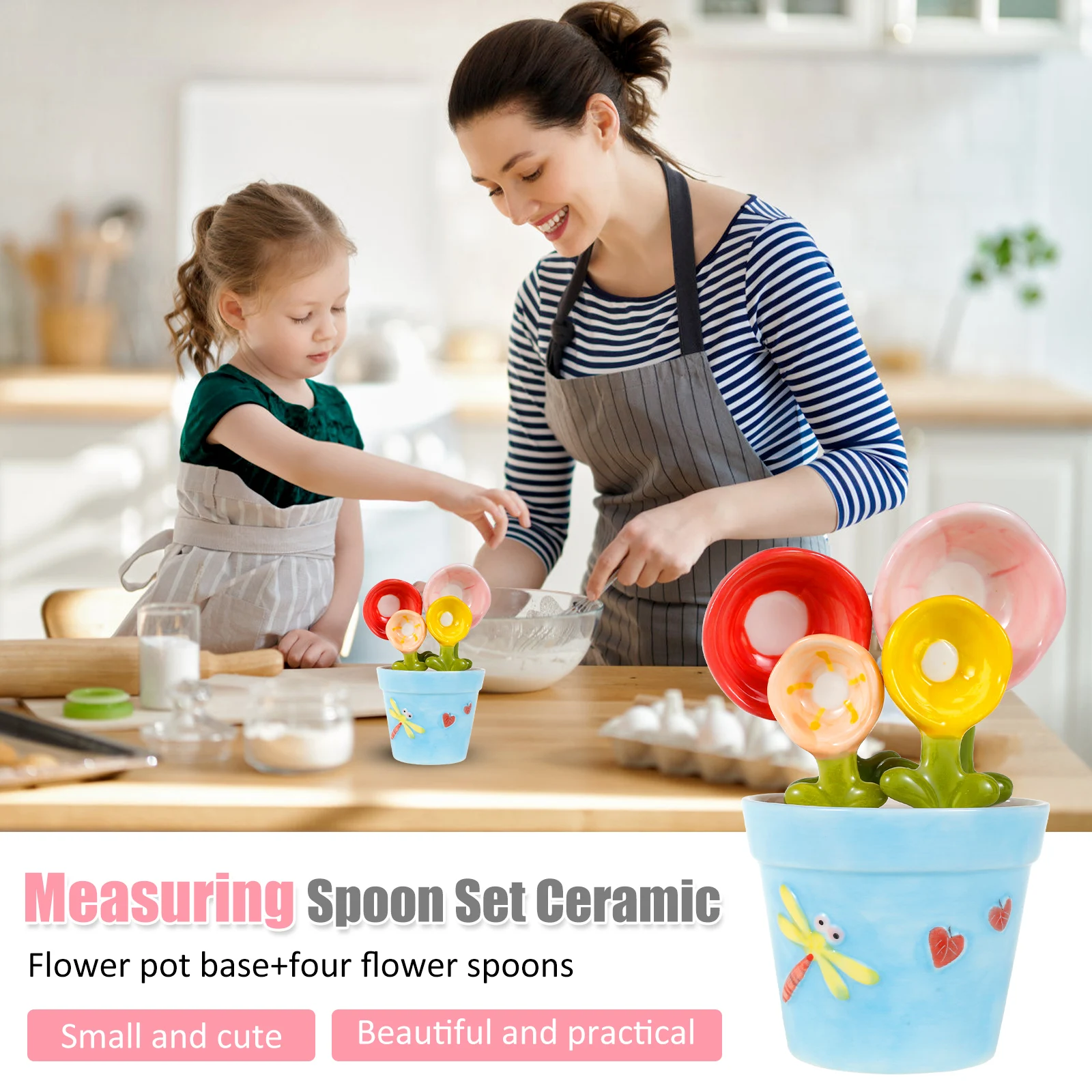 4Pcs Ceramic Measuring Spoon with Base Set 1/4 Tsp 1/2 Tsp 1 Tsp 1 Tbsp Ceramic Flower Pot Shape Kitchen Tool Baking Scale Spoon