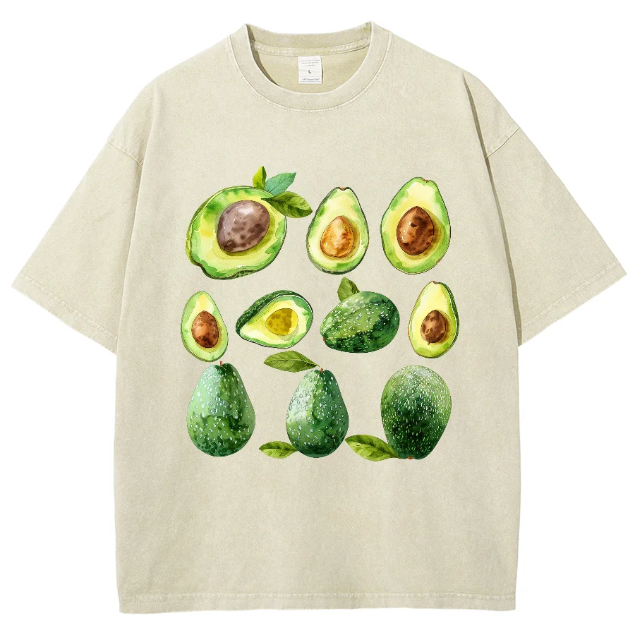 

Y2K Cartoon Avocado Washed T-shirt, Crop Fruits Pink Flowers Round Neck Tops Comfortable Oversized Vintage Unisex Plus-size