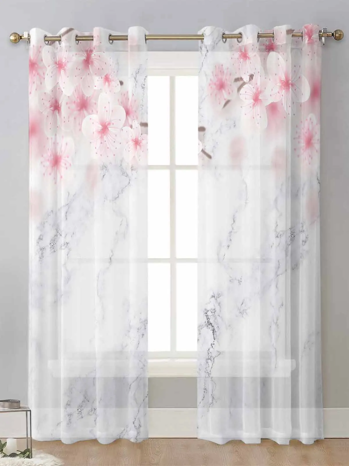 Marble Peach Pink Flower Sheer Curtains For Living Room Window