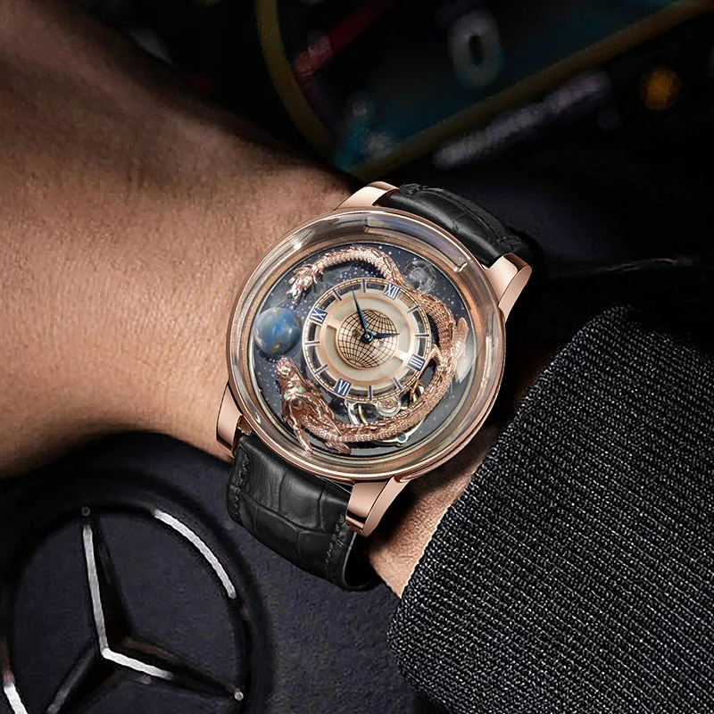 Relogio PINDU Watches Celestial Watch Men Ransparent Back Cover Design Rose Gold Quartz Leather Watch  Art Hand Engraved Dragon