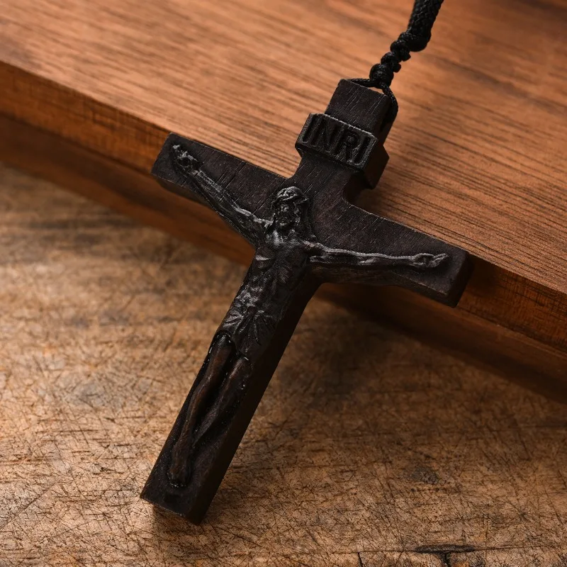 Jesus Cross Pendant Necklace - Handcrafted Rosewood Pendant with Religious Symbolism, Meaningful Gift for Faith & Devotion