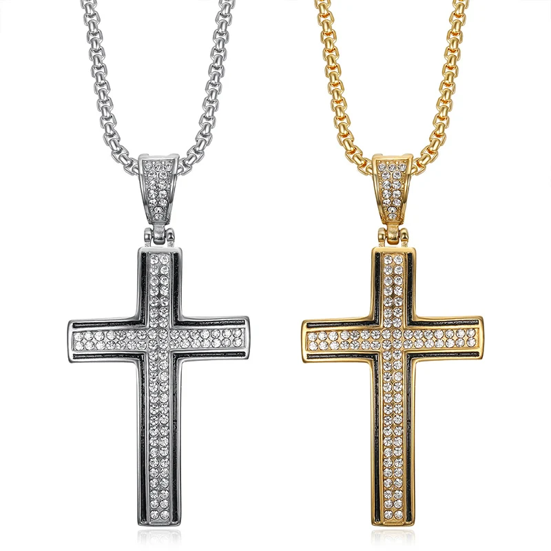 

Hip Hop Bling Iced Out Stainless Steel Cross Pendants Necklace for Men Rapper Jewelry Gold Silver Color