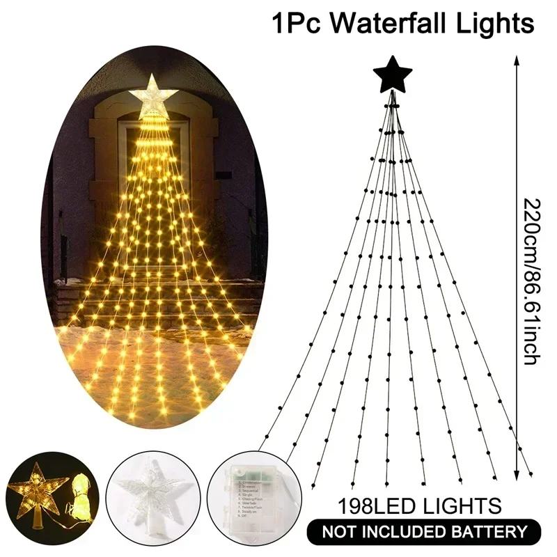 thumbnail image 1 of Guirnalda de luces navideñas en forma de cascada con estrella decorativa, adornos para árboles de Navidad 2024 para el hogar, Navidad, Año Nuevo 2025, 1 of 5
