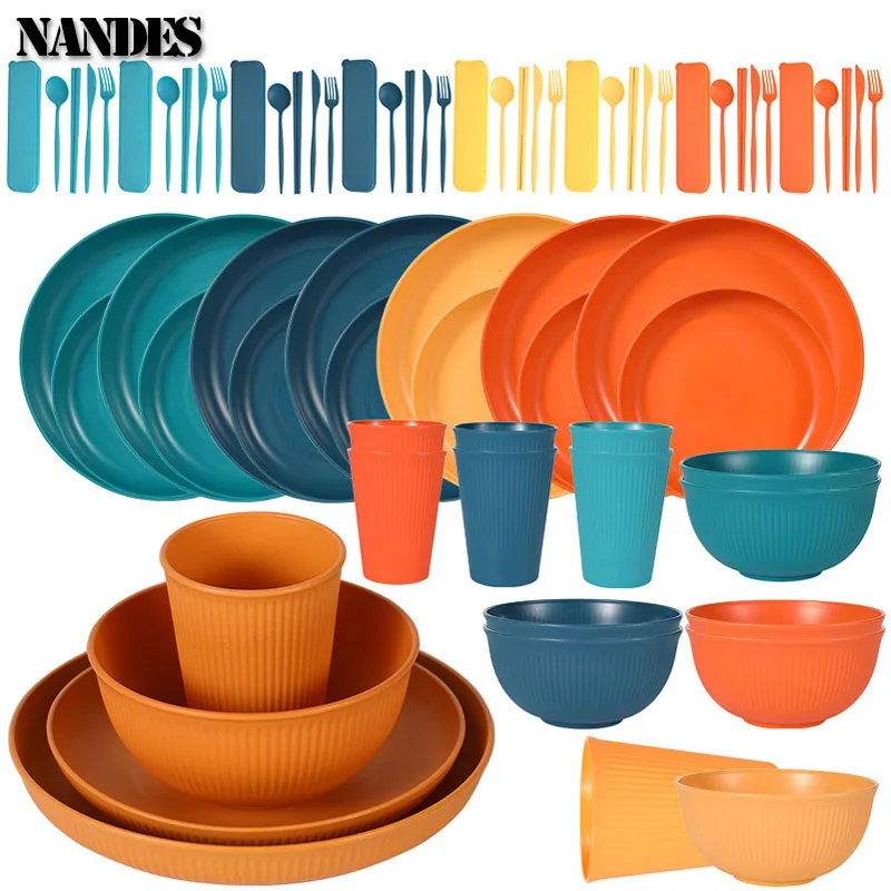 36-Piece Wheat Straw Tableware Set – Eco-Friendly Plates, Bowls, and Cutlery for Home & Camping 1