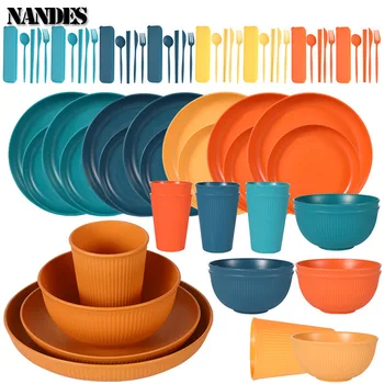 36-Piece Wheat Straw Tableware Set – Eco-Friendly Plates, Bowls, and Cutlery for Home & Camping 1