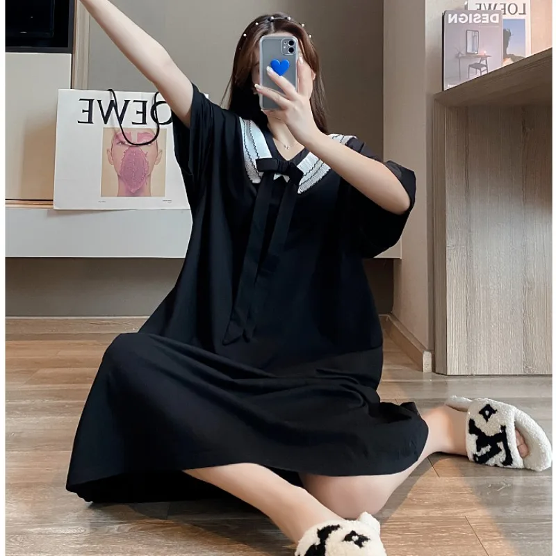 Oversized Weight 150kg Loose Thin Homewear Women Plus Size Midi Nightdress Summer Japan Girl Pajamas Short Sleeve Nighties 3XL