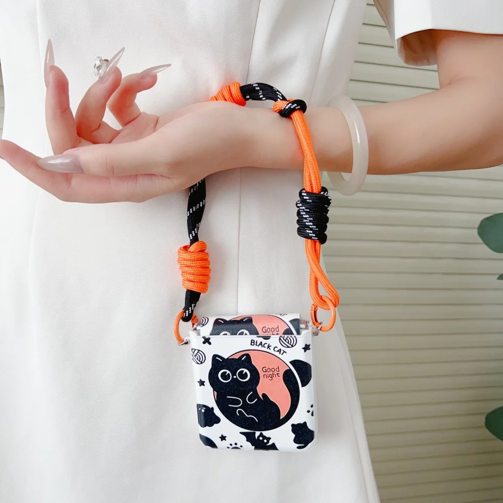 Charming Cartoon Black Cat Folding Phone Case with Wrist Strap and Lanyard Bracelet