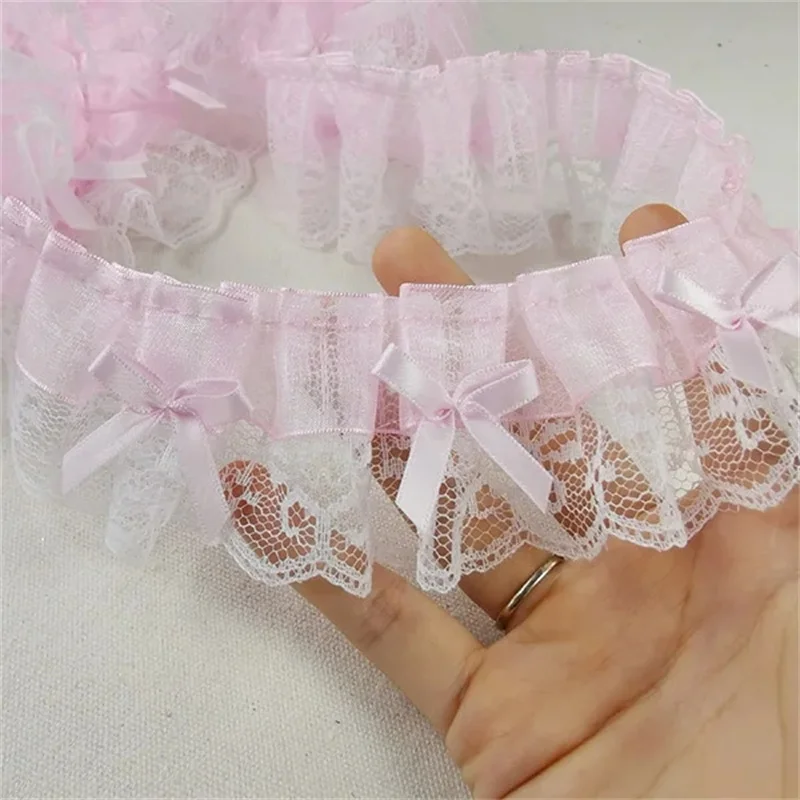 5CM 와이드 럭셔리 3D Pleated 핑크 레이스 수 놓은 활 Applique 리본 여성 드레스 천 트림 DIY 홈 바느질 Guipure 용품
