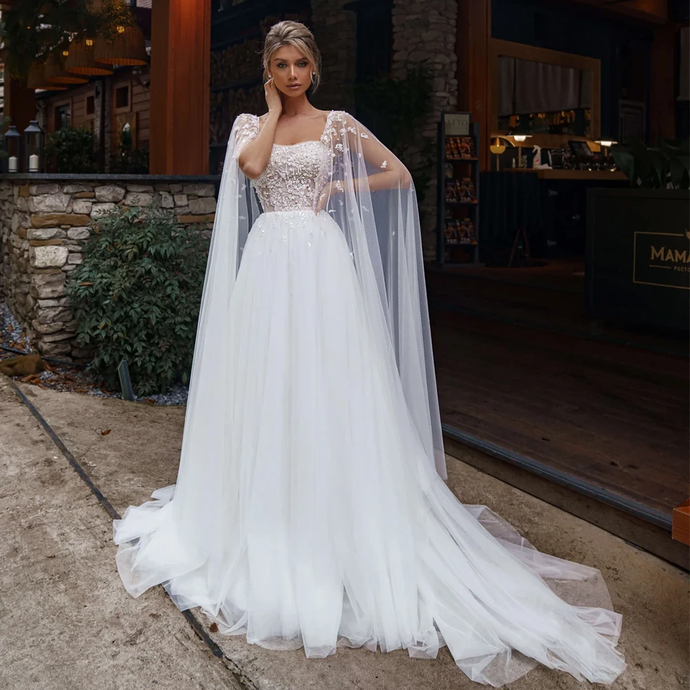 

Sexy Strapless Wedding Dresses Open Shoulder Long Wing Sleeves Bridal Growns Lace Beads Sweep Tulle A Line Vestidos De Novia