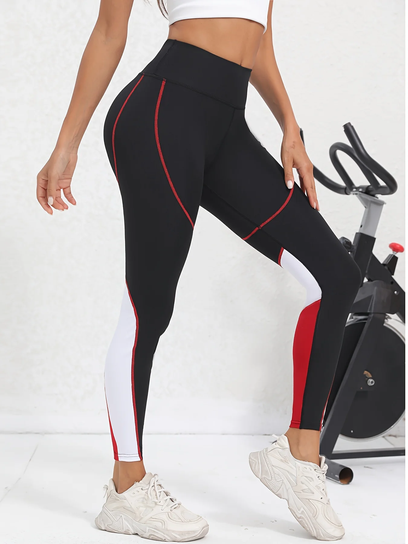 Yoga Pants Women Workout Leggings Mesh Colorblocked High Waist Tummy Control with Pockets