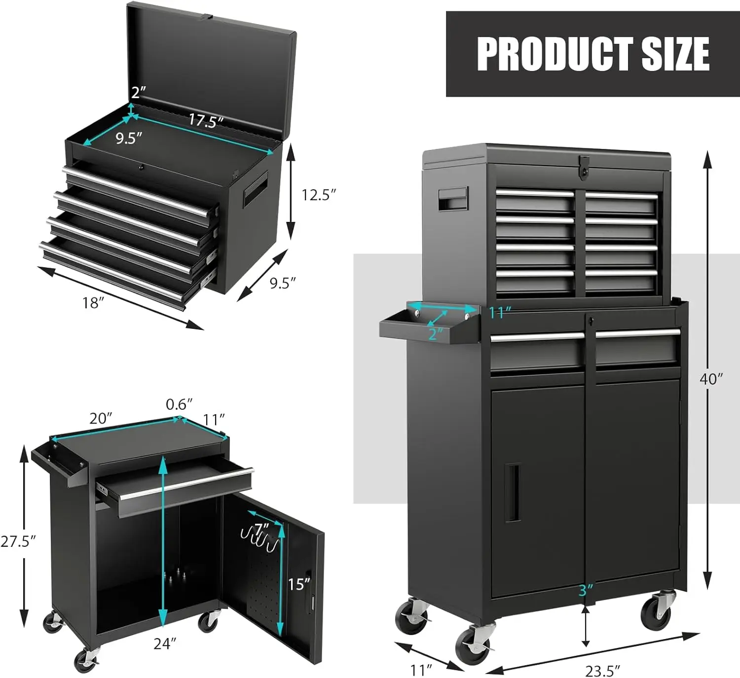 Tool Chest 5-Drawer Rolling Tool Storage Cabinet with Detachable Top Tool Box Liner Universal Lockable Wheel Adjustable Shelf 3