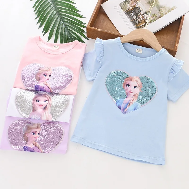 Kids T-shirt Frozen Elsa Girls Tee Cotton Summer Short sleeves For Children Disney Princess Girls Clothes Costumes Ariel 2-8Y