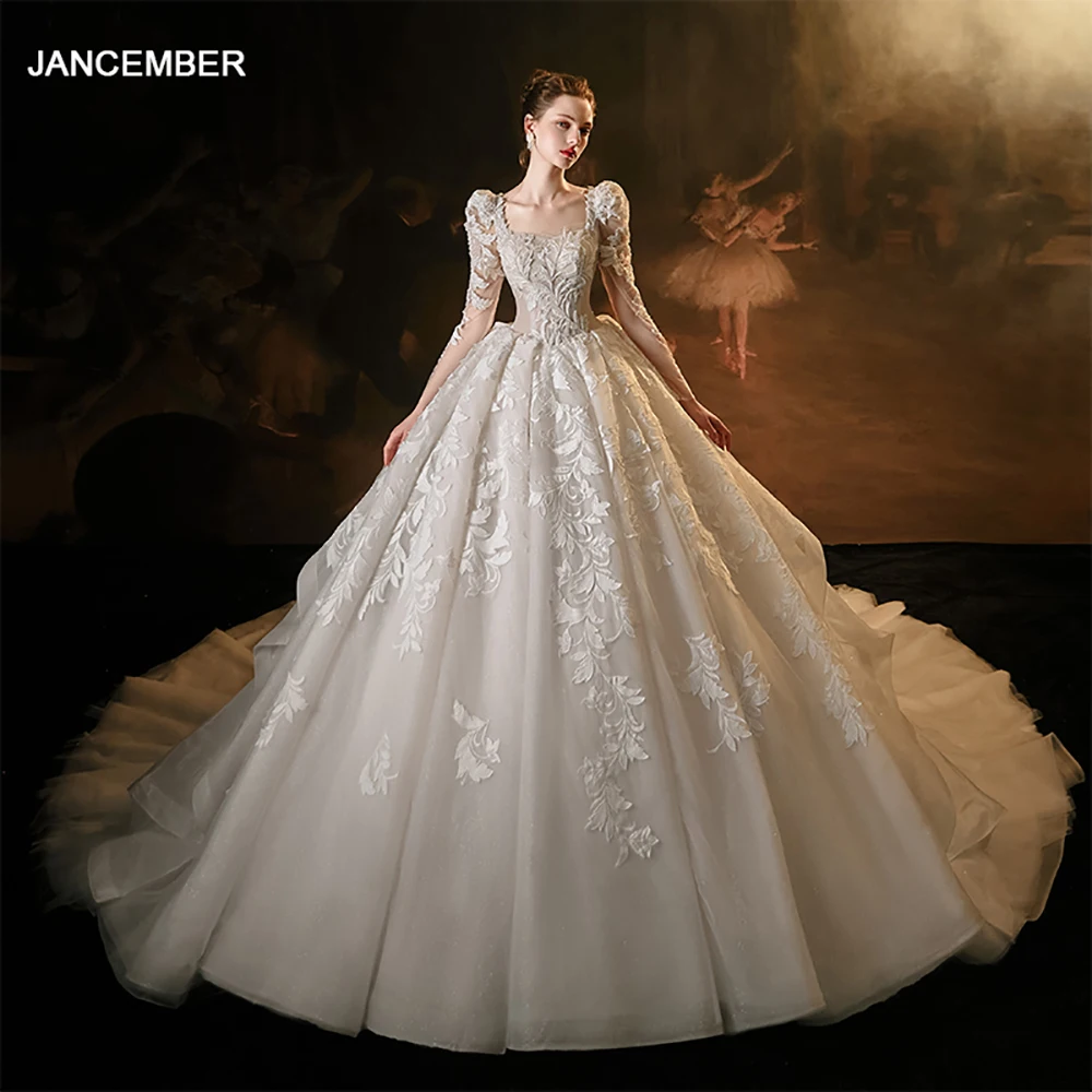 

Женское романтическое свадебное платье принцессы 2024, бальное платье с квадратным воротником и длинными рукавами, с вышивкой, на шнуровке, Vestidos De Novia LSMX022