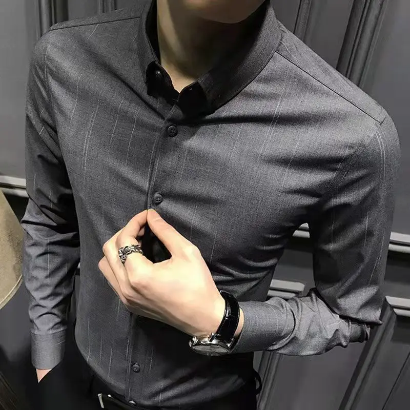 

Striped Button Down Shirt Men 2023 Summer New Long Sleeve Slim Fit Mens Dress Shirts Casual Checks Gingham Chemise Homme H51