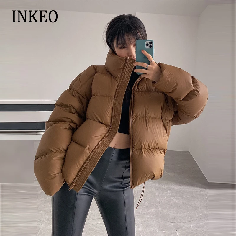 

Casual fluffy 90% white duck down jacket Women oversized puffer coat Camel 2022 Winter Warm Turtleneck Parkas Korean INKEO 2O119