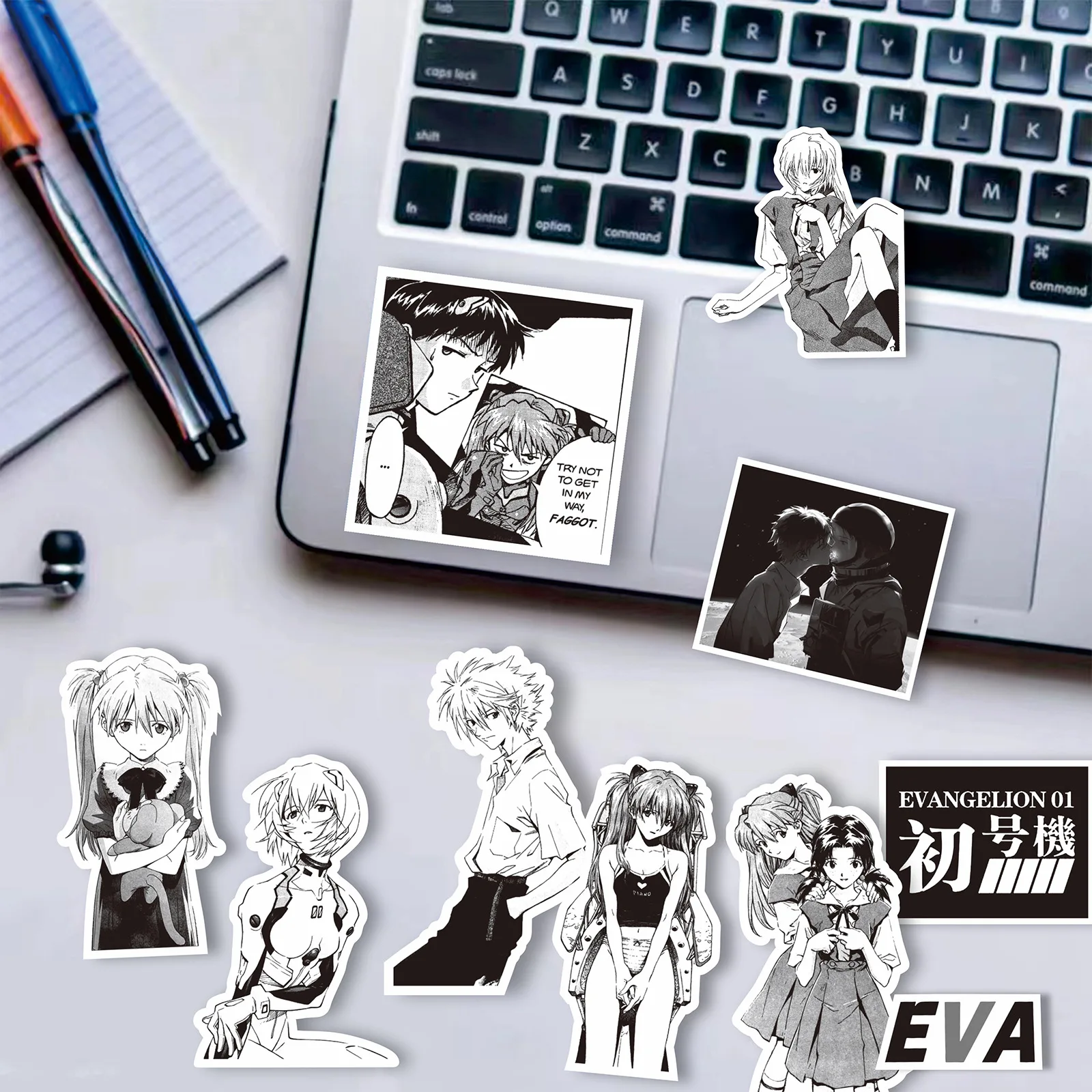 70/75 Stück Schwarz-Weiß-Skizzen-Aufkleber von Neon Genesis Evangelion, klassische Anime-Aufkleber für Notizbücher, Skateboards, Fahrräder – Detail 9