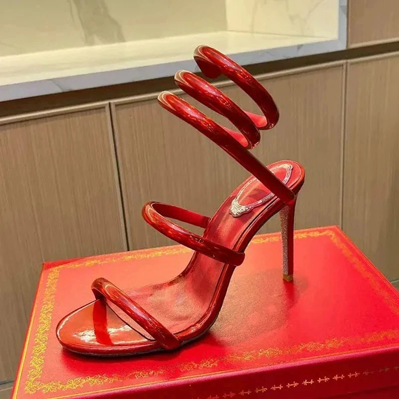 Summer High Heels Sandals Woman Crystal Snake Twine Around Ankle Strap Party Shoes Women Sexy Stiletto Gladiator Sandals Women