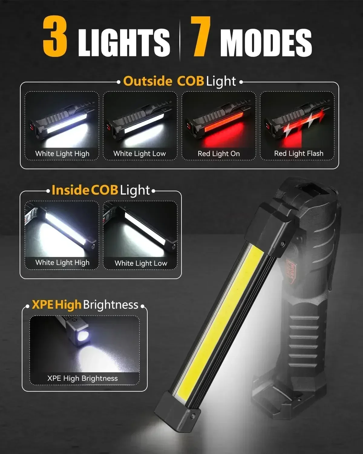 울트라 브라이트 LED 작업 조명 충전식 마그네틱 후크 캠핑 램프 내장 배터리 수리 손전등 휴대용 출력 랜턴