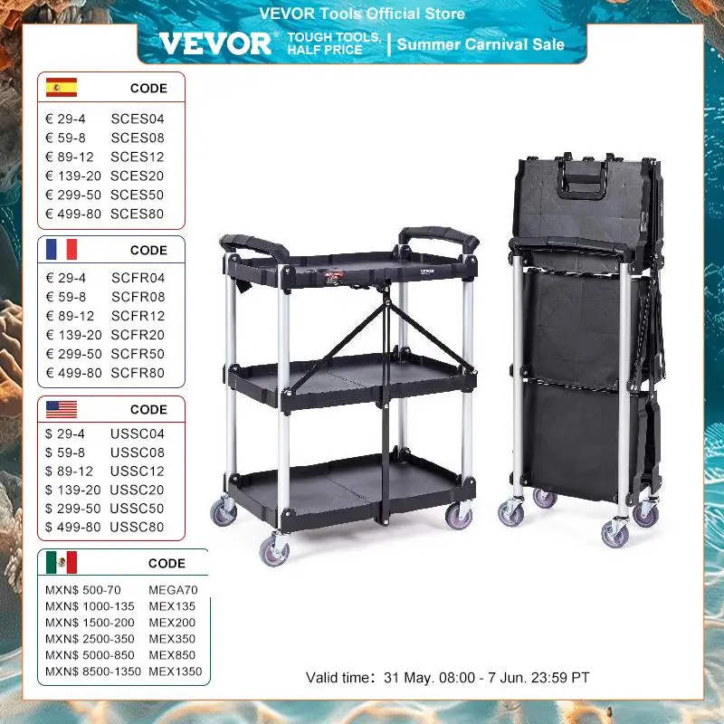 VEVOR 3 Tier Folding Rolling Utility Cart Storage Shelf Movable Gap Rack Serving Cart Slim Slide Organizer for Kitchen Bathroom