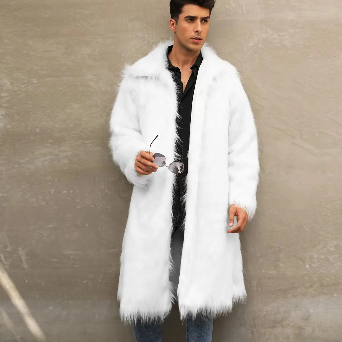 Autumn Winter New Overcoat Imitation Fur Men's Long Coat Long-sleeve Turm-down Collar Warm Cardigan Loose Windbreak