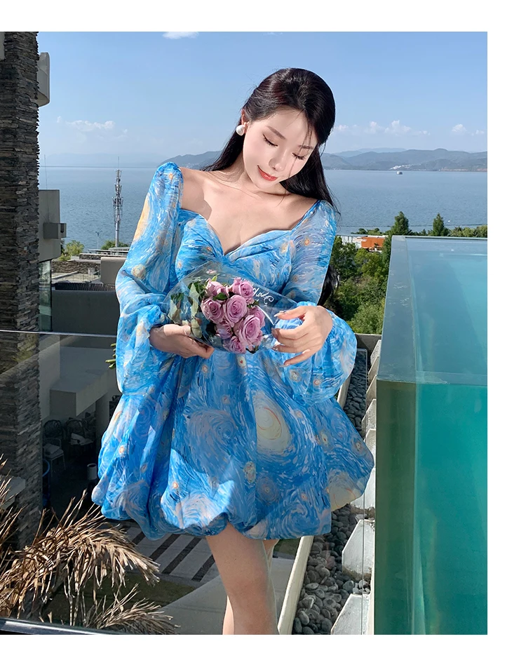 Elegant Printed Short Dresses for Women Backless Holiday Beach Style Lantern Sleeves A-line Floral Mini One Piece Vestido Mujer