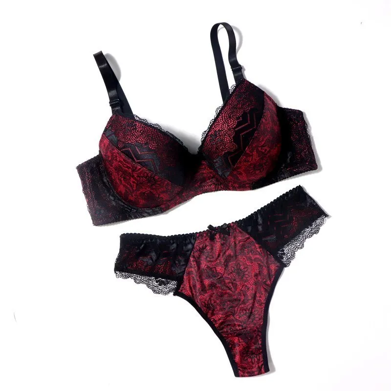 bra and brief sets Beauwear 38D-48D big cup plus size lingerie set print floral lace underwear set for women sexy padded mold cup bra set red bra and panty sets Bra & Brief Sets