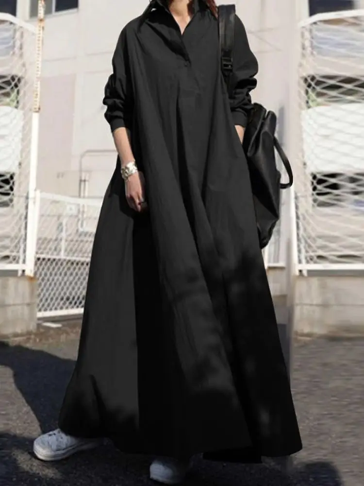 ZANZEA Autumn Stylish Women Vintage Long Sleeve Loose Sundress 2023 Casual Long Maxi Dress Kaftan Femme Solid Party Vestido Robe - Одежда и аксессуары для женщин