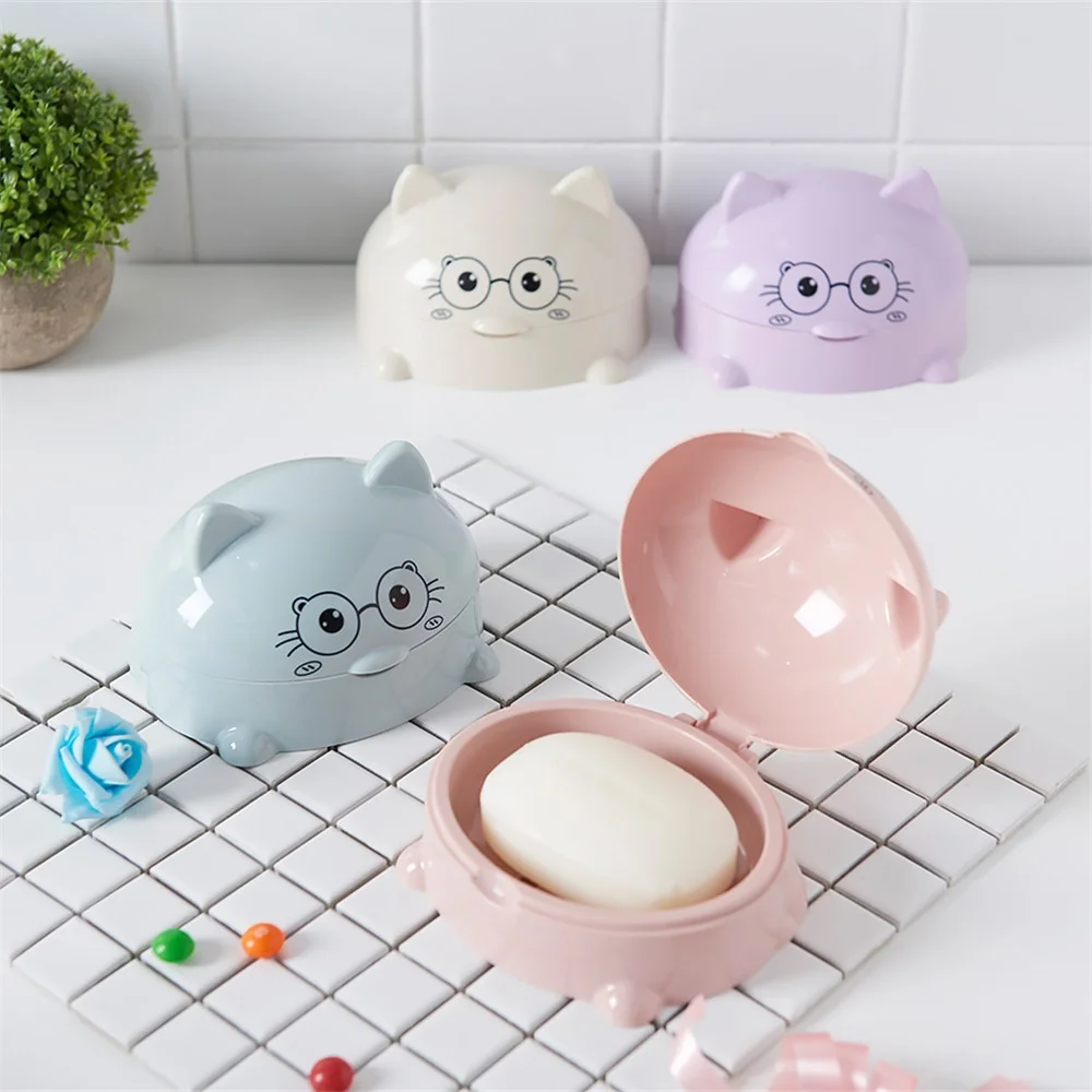 Plastic Cartoon Cat Soap Dish with Cover Soap Box Holder Case Cute Bathroom Storage Cleaning Bathroom Suppy Accessories 4