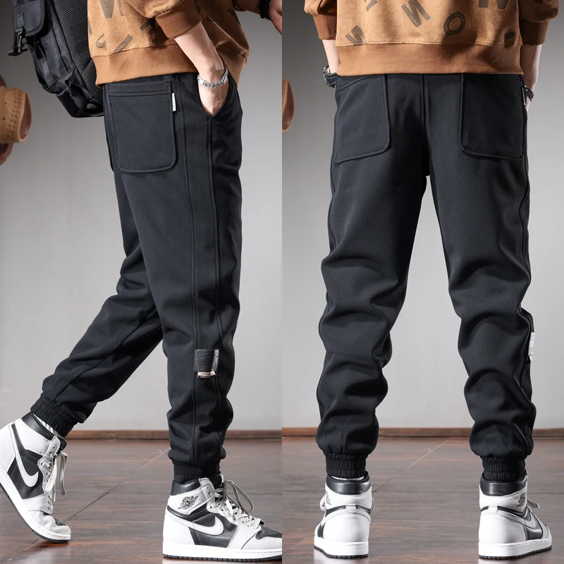 Autumn Black Elastic Sports Pants Men Fashion Casual Baggy Drawstring Jogging Trousers