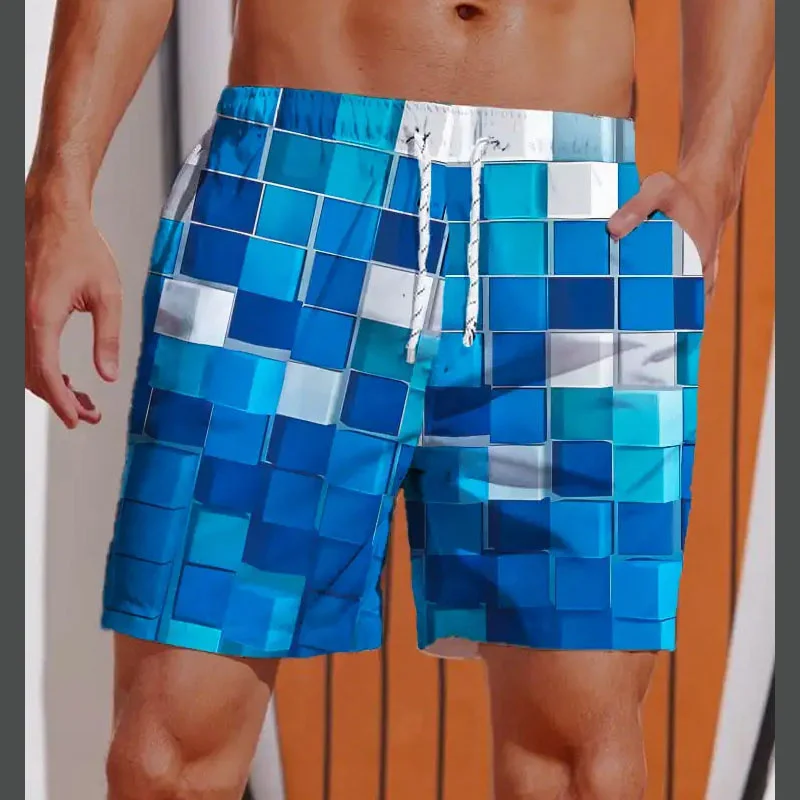 3D Printed Striped Flame Beach Shorts Men's Splicing Grid Pattern Board Shorts Summer Drawstring Breathable Hawaiian Swim Trunks 2