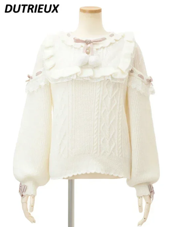 

Japanese Style Knitted Top Autumn and Winter Knitted Sweater Mine Mass-Produced Lace Bow Sweet Cute Women's Pullover Sweater