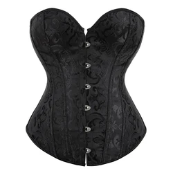 Steel Boned Corset Bustier Top Overbust Corselet Korset Black White Jacquard Floral Gorset