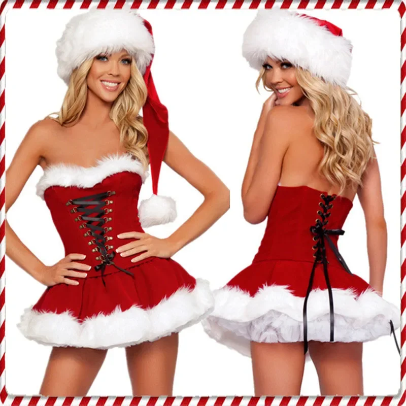 Stretch Velvet Cut Out Hooded Romper Female Santa Christmas Party Costume Dress main image 1