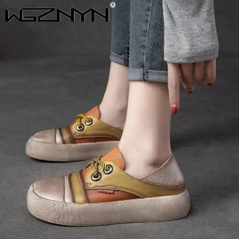 

2023 Women's Shoes Trendy Handmade Retro Casual Sneakers Round Toe Comfortable Platform Shoes Female Outdoor Tennis Sport Shoes