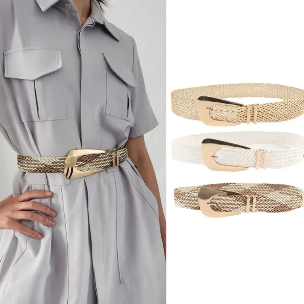 

PP Grass Weave Waist Band Fashion Metal Retro Braided Thin Belt Hand Woven Gold Pin Buckle Waistband Women