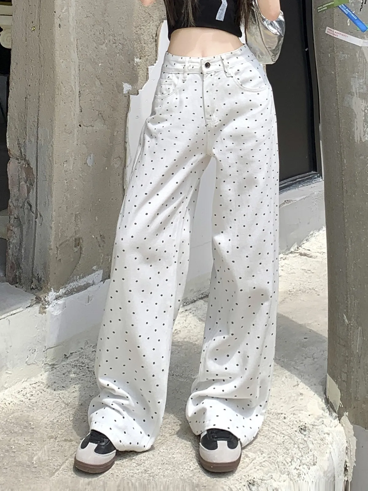 

Повседневные Прямые джинсы ZHISILAO в горошек, Женские винтажные Широкие джинсовые брюки с высокой талией, уличная одежда 2024