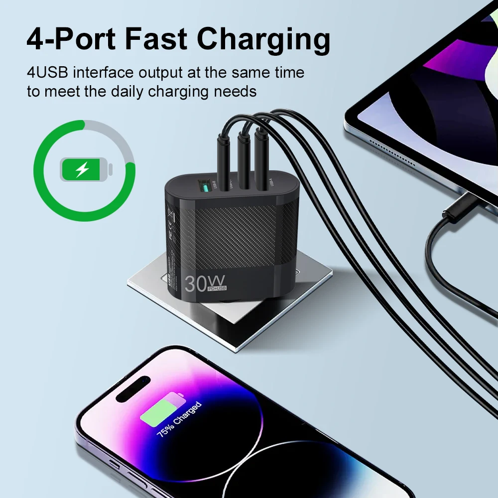 30W USB 4 Ports Fast Charging Quick Charge 3.0 Portable Wall Mobile Phone Charger Adapter For iPhone 15 14 Samsung Huawei Xiaomi