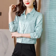 

Satin Silk Women's Shirt Printed Floral Tops for Women Button Up Clothing Polo Neck Long Sleeve Top Spring Basic Shirt for Woman